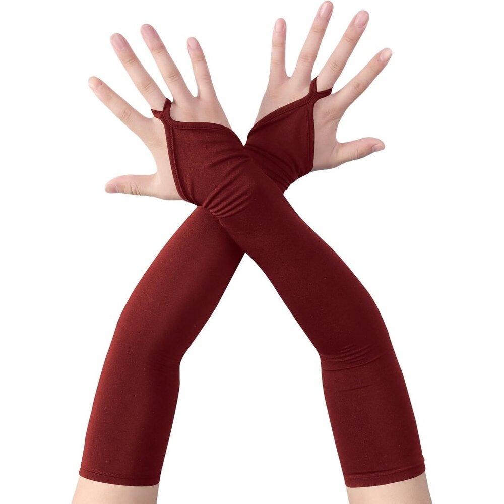 Women's Finger Loop Wine Elegant Stretchy Spandex Elbow Length Satin Gloves